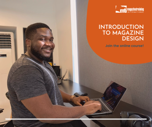 Man on computer taking Introduction to Magazine Design online course