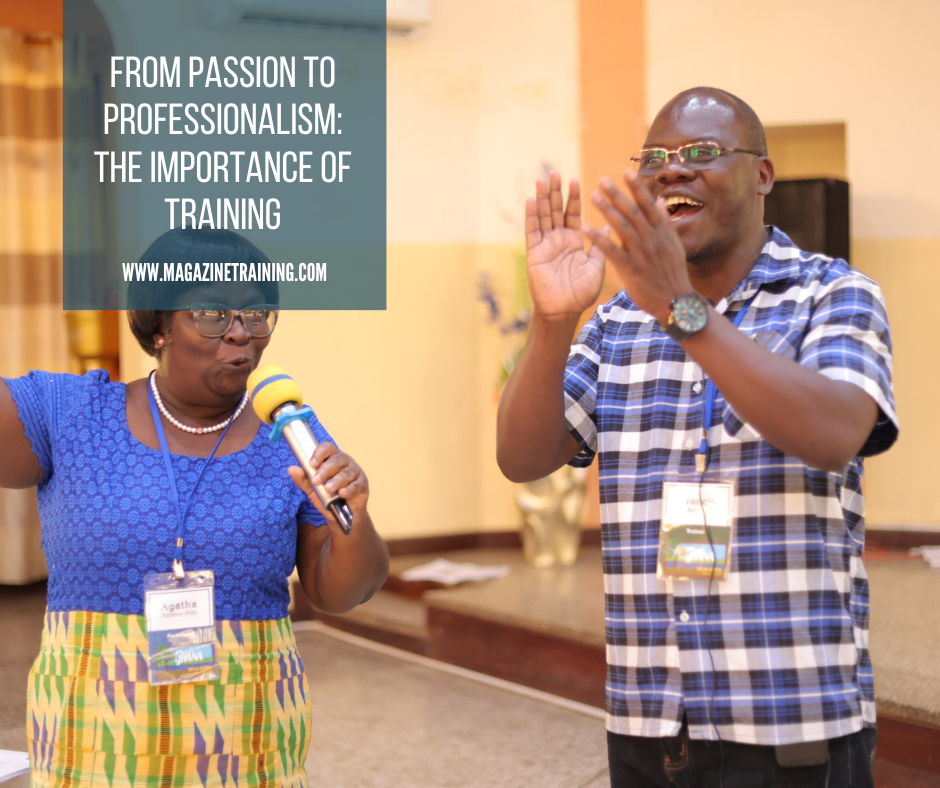 African woman speaking at a conference and African man laughing and clapping